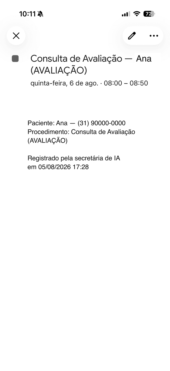 Detalhe do compromisso na agenda, com paciente, procedimento e horário registrados pela secretária de IA.
